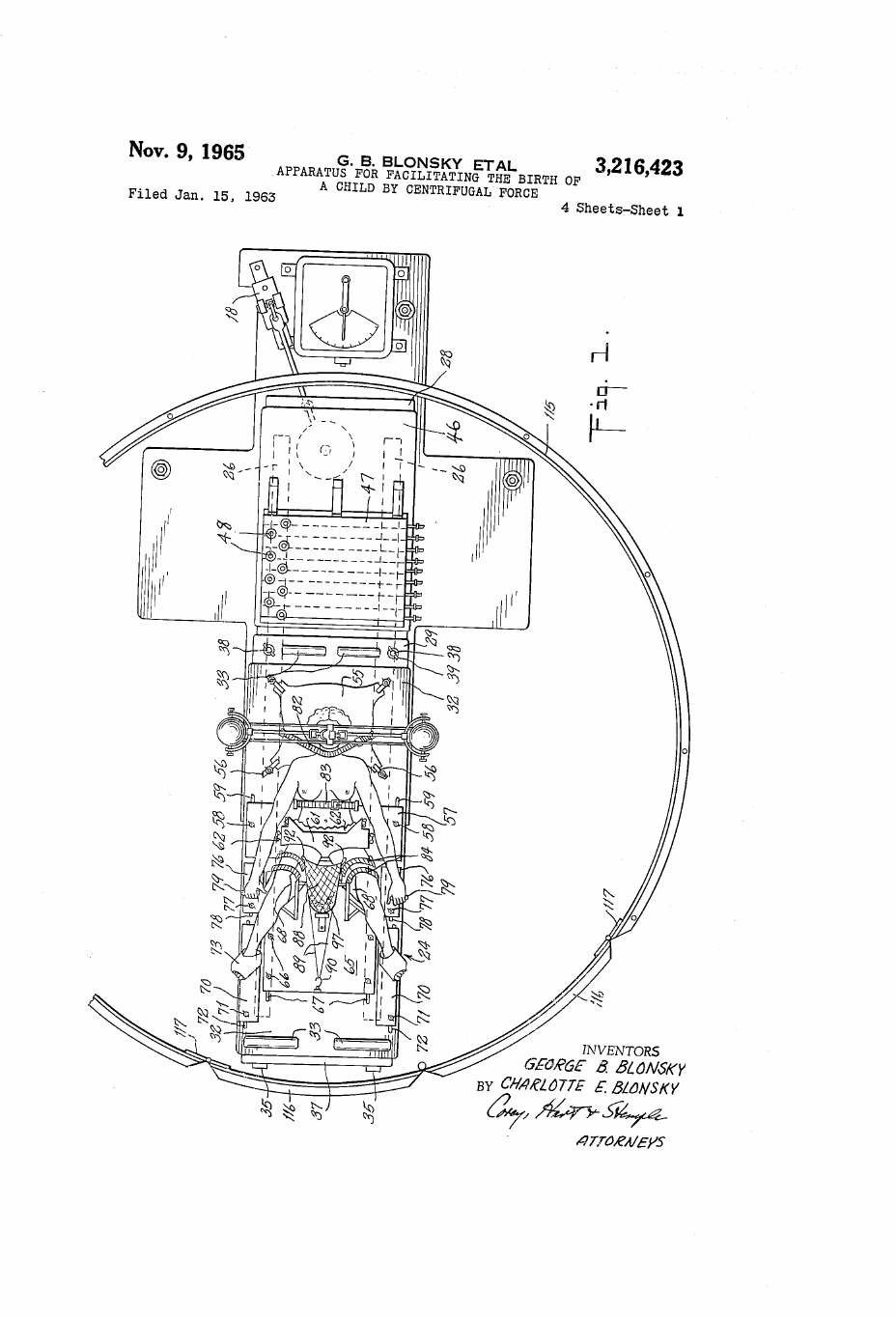 Sheet 1 of patent US 3,216,423: Fig. 1, plan view of the apparatus with the stretcher, the ballast and the annular fence.
