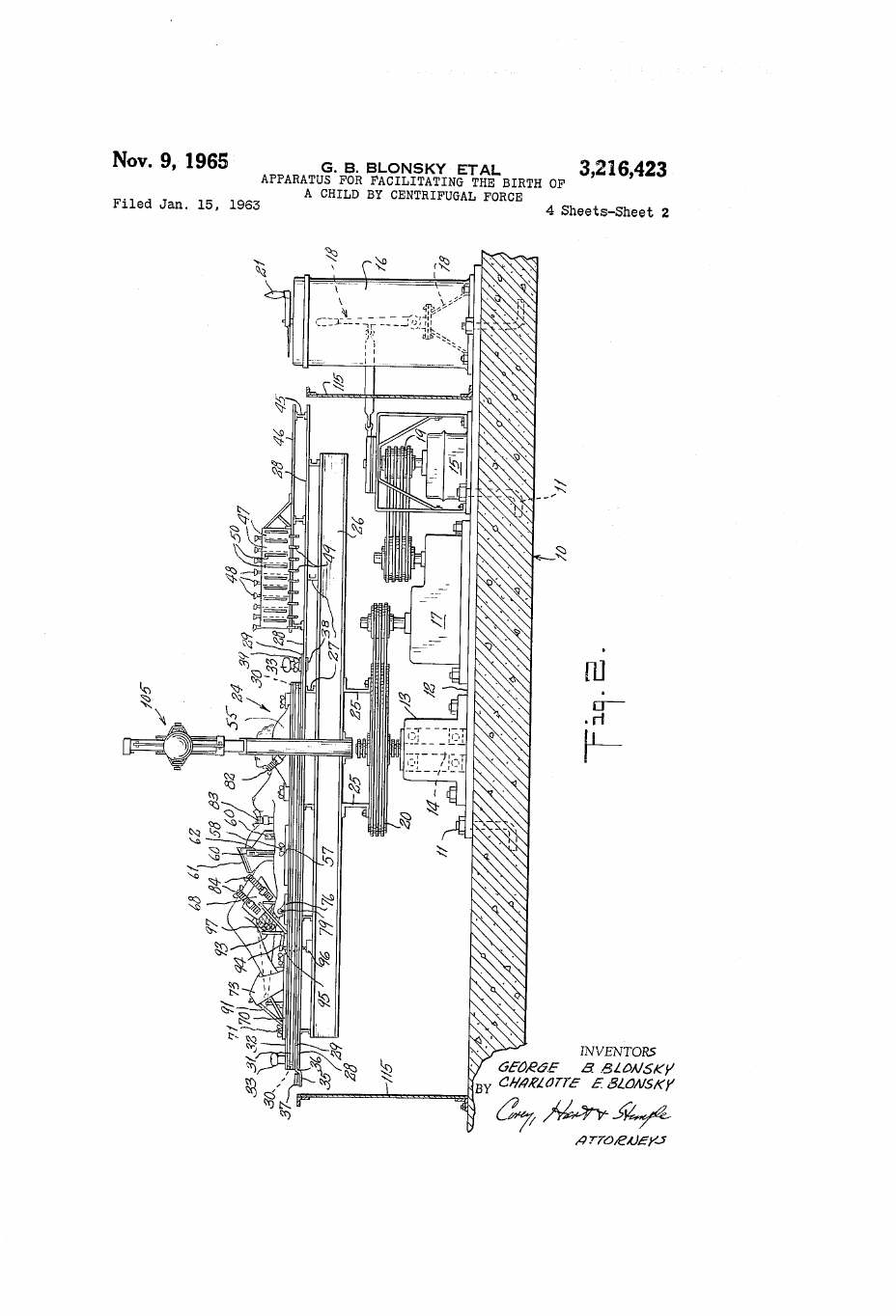 Sheet 2: Fig. 2, side elevation with the slab, bearing, motor, reducer, controller and platform.