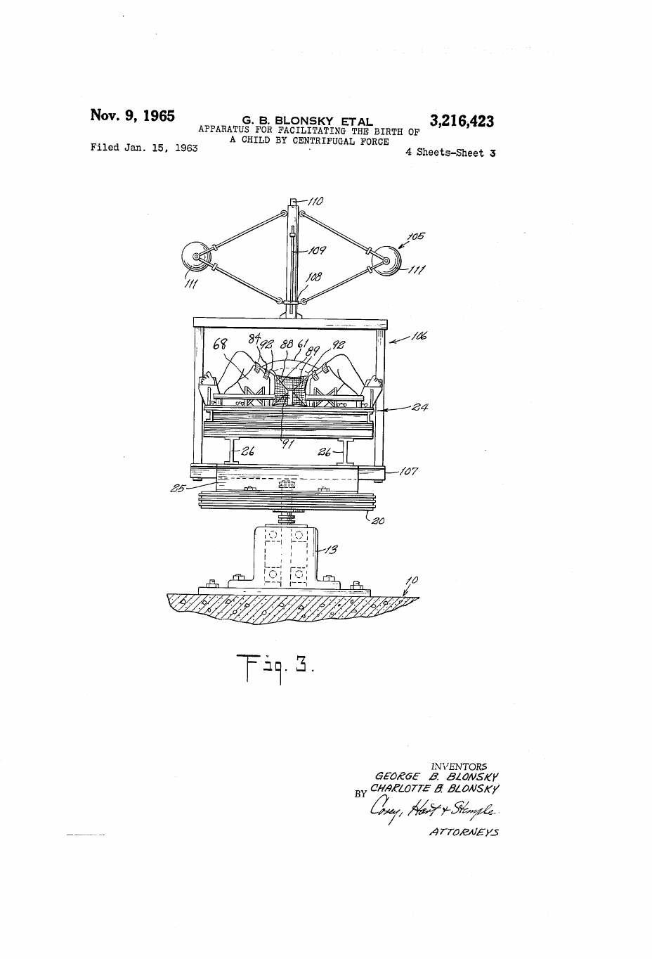 Sheet 3: Fig. 3, end view with the ball governor on its frame and the receiving net.